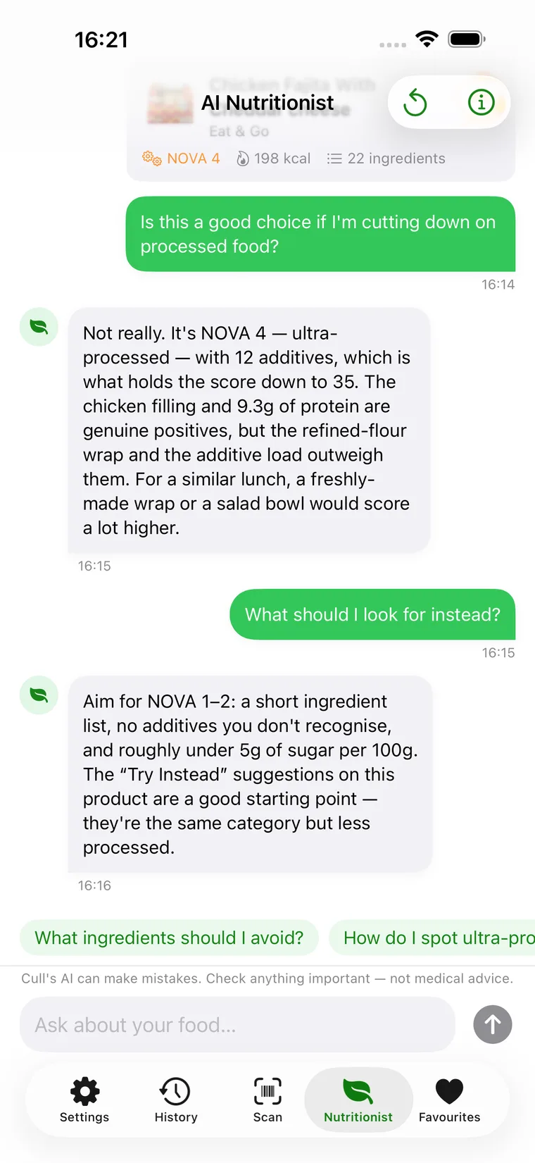 Cull's AI Nutritionist explaining why a NOVA 4 ready meal scores 35 and what to look for instead